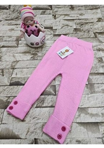 Kız Çocuk Düğme Detaylı Fitilli Triko Tayt Pembe Renk Esnek Lastik Özellikli
