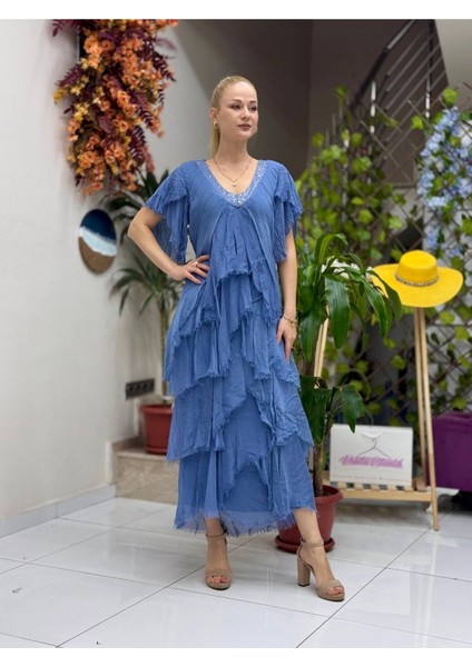 NC65714 Italyan Yaka Pullu Fırfırlı Ipek Elbise Mavi