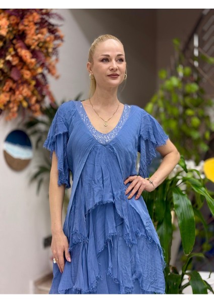 NC65714 Italyan Yaka Pullu Fırfırlı Ipek Elbise Mavi fiyatları