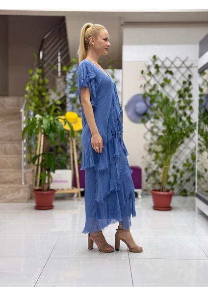 NC65714 Italyan Yaka Pullu Fırfırlı Ipek Elbise Mavi fırsatları
