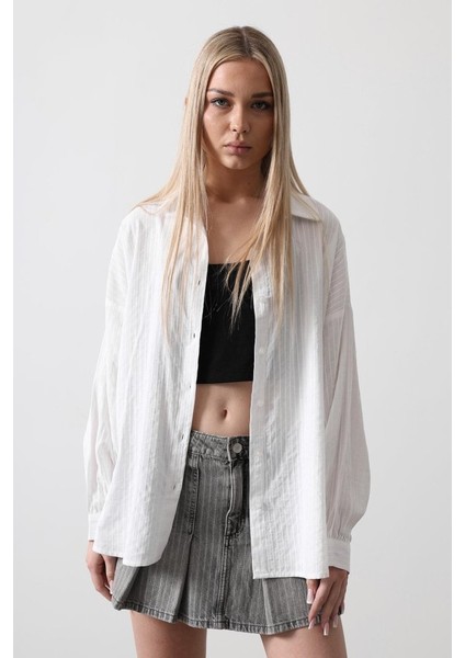 Çizgili Uzun Kol Gömlek - Beyaz modelleri