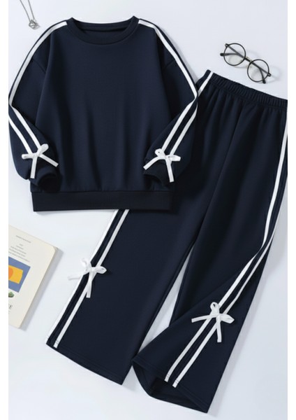 Kız Çocuk Çift Şerit Kurdele Eşofman Takımı 4-16 Yaş 12146