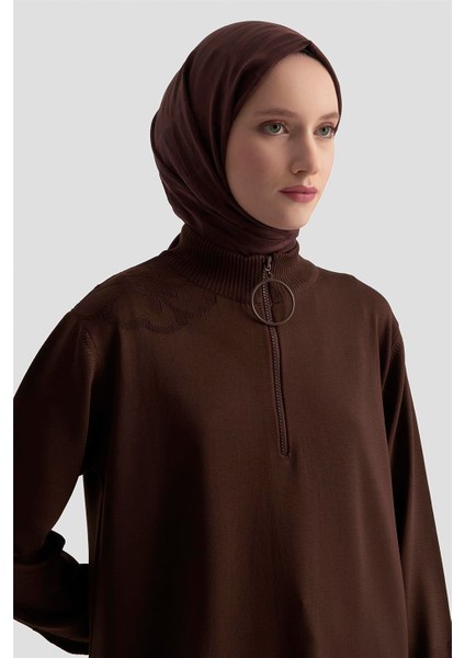 Çiçek Desenli Triko Tunik 25KTD4111 Acı Kahve