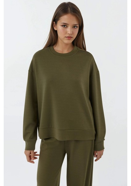 Kadın Modal Touch Basic Sweatshirt Haki Yeşil