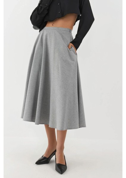 Kadın Fermuarlı Yüksek Bel Midi A-Form Etek Gri