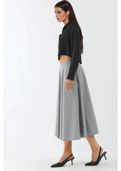 Kadın Fermuarlı Yüksek Bel Midi A-Form Etek Gri fiyatları