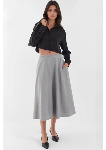 Kadın Fermuarlı Yüksek Bel Midi A-Form Etek Gri fırsatları