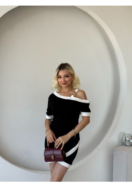 Kadın Kısa Kollu Asimetrik Kesim Yaka Şerit ve Aksesuar Detaylı Modal Elbise