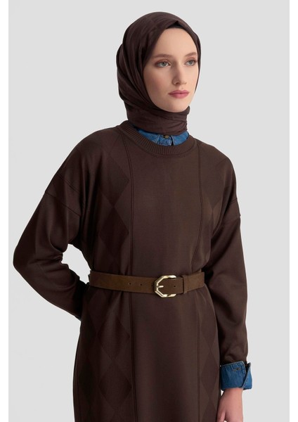 Baklava Desenli Triko Elbise 25KTD958 Acı Kahve