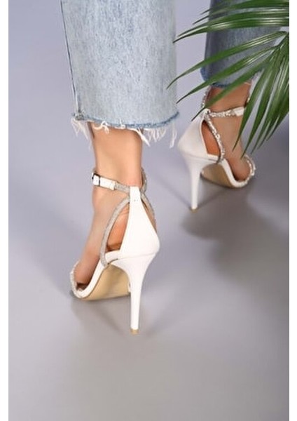 Kadın Topuklu Ayakkabı Beyaz Biyeli Taşlı Yüksek Topuk 6 cm