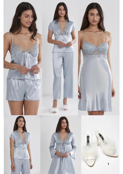 Kadın 6'lı Gelin Çeyiz Seti Saten Gecelik Sabahlık Pijama Takımı Şortlu Takım Terlik Hediyeli