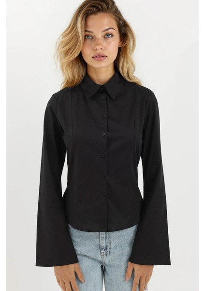 Kadın Dar Kesim Uzun Kollu Gömlek Black