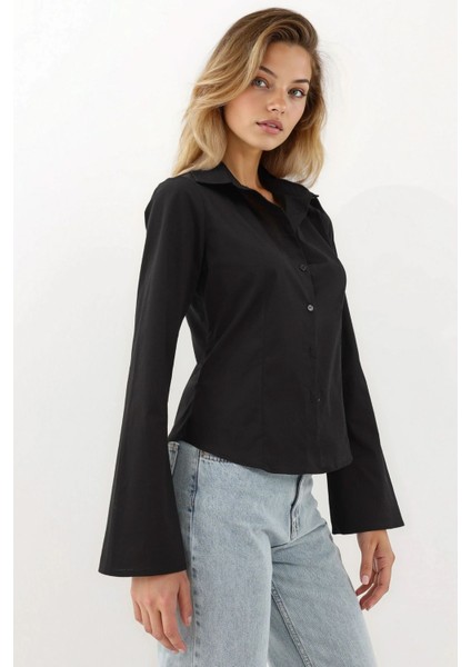 Kadın Dar Kesim Uzun Kollu Gömlek Black