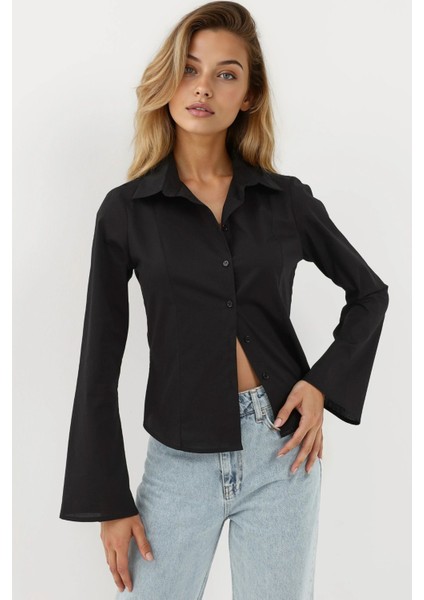 Kadın Dar Kesim Uzun Kollu Gömlek Black
