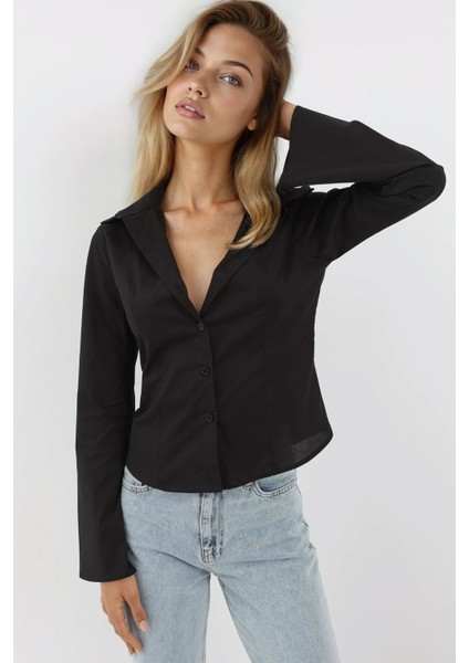 Kadın Dar Kesim Uzun Kollu Gömlek Black