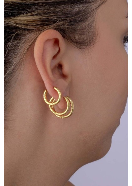 Çizgi Desenli Altın Kaplama Çelik Üçlü Kadın Küpe fiyatları