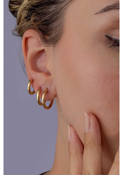 Çizgi Desenli Altın Kaplama Çelik Üçlü Kadın Küpe modelleri