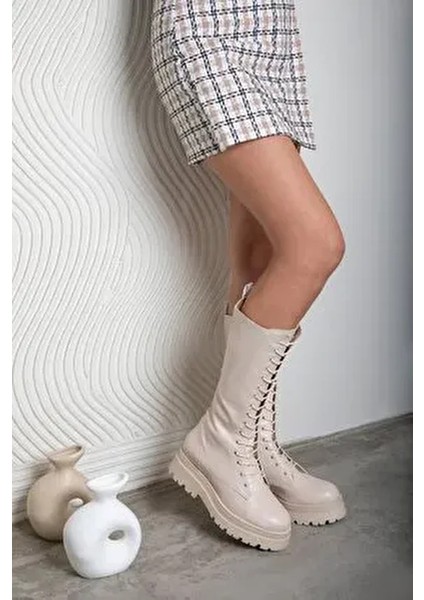 Wayne Kadın Bağcıklı Deri Postal Çizme Bej