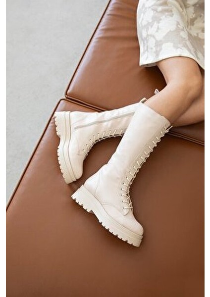 Wayne Kadın Bağcıklı Deri Postal Çizme Bej fiyatları