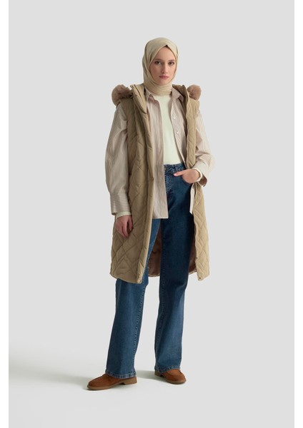 Trend Kürk Kapüşonlu Kapitone Yelek 25KT505 Bej modelleri