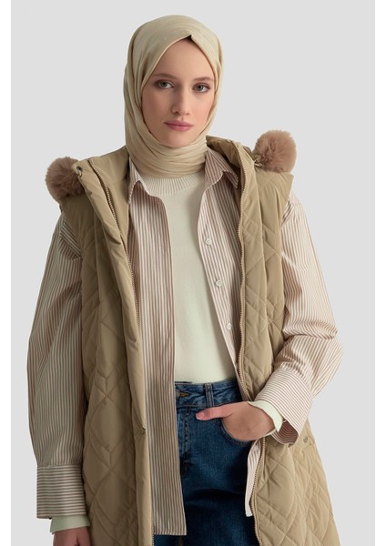 Trend Kürk Kapüşonlu Kapitone Yelek 25KT505 Bej fırsatları