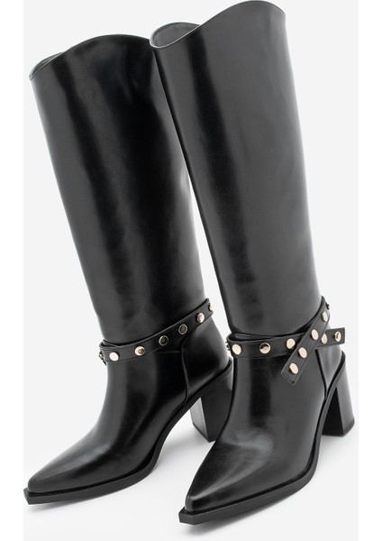 Kadın Sivri Burun Fermuarsız Çıkarılabilen Tokalı Troklu Zımbalı Topuklu Çizme Fuslep