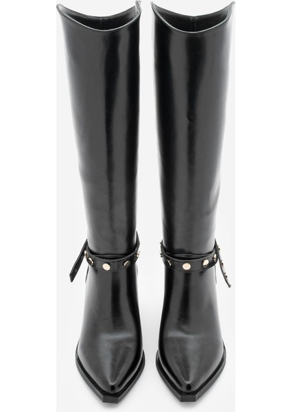 Kadın Sivri Burun Fermuarsız Çıkarılabilen Tokalı Troklu Zımbalı Topuklu Çizme Fuslep