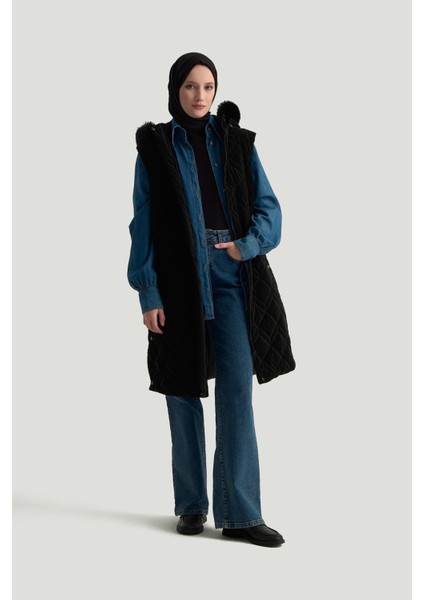 Trend Kürk Kapüşonlu Kapitone Yelek 25KT505 Siyah fiyatları