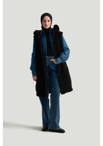 Trend Kürk Kapüşonlu Kapitone Yelek 25KT505 Siyah modelleri