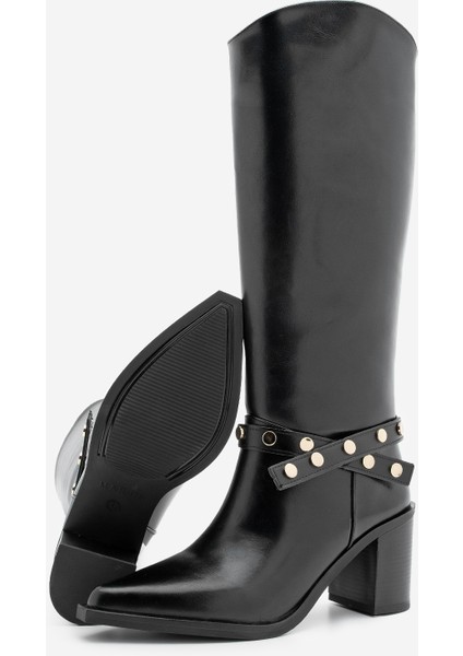 Kadın Sivri Burun Fermuarsız Çıkarılabilen Tokalı Troklu Zımbalı Topuklu Çizme Fuslep