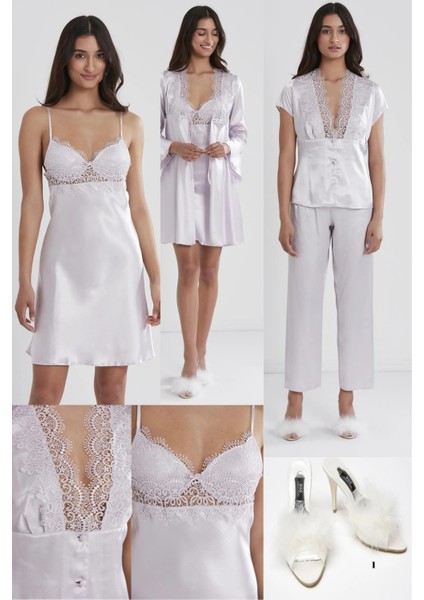 Kadın 6'lı Gelin Çeyiz Seti Saten Gecelik Sabahlık Pijama Takımı Şortlu Takım Terlik Hediyeli