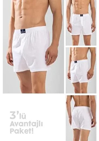 Erkek Pamuklu Rahat Kesim Düz Desenli Boxer 3'lü Paket Beyaz Renkli Konfor