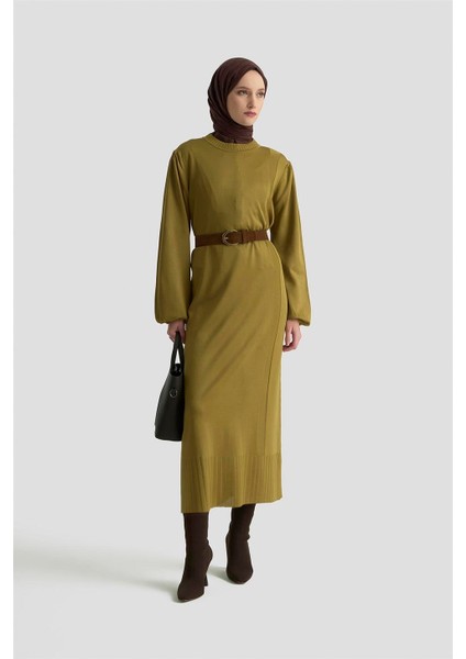Basic Triko Elbise 25KTD956 Yağ Yeşili