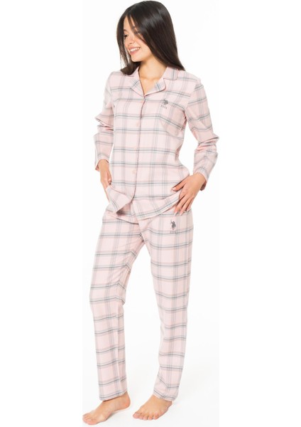 Kadın Pembe Ekoseli Gömlek Yakalı Pijama Takım