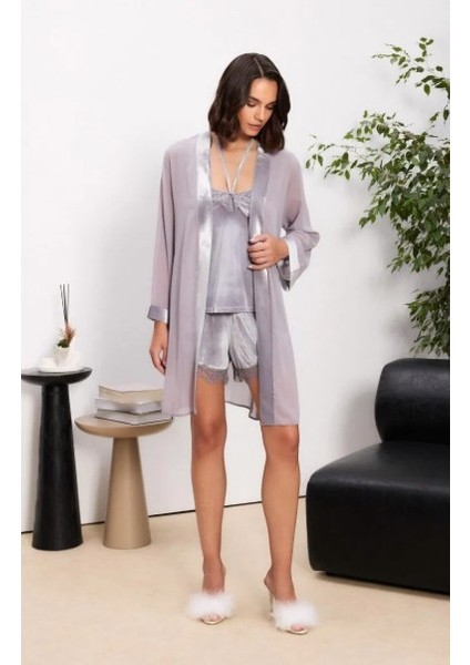 Kadife Saten 3'lü Kadın Pijama Takımı - 2845