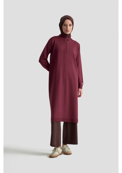 Fermuar Detaylı Triko Tunik 25KTD4113 Bordo
