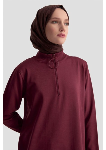 Fermuar Detaylı Triko Tunik 25KTD4113 Bordo modelleri