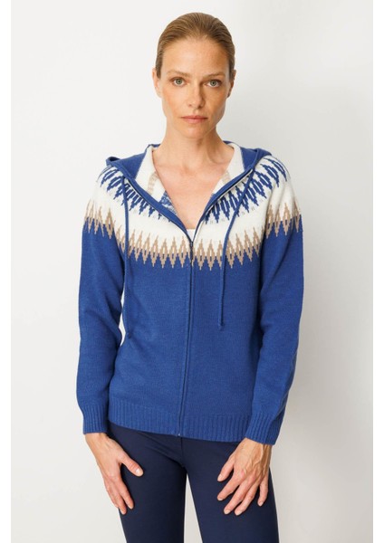 Kadın Kapüşonlu Robası Baklavalı Hırka Mavi