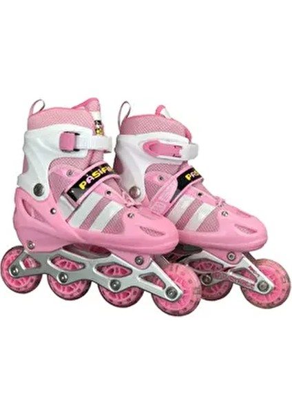 Işıklı Çift Sıra Ayarlanabilir 4 Tekerlekli Alıştırma Çocuk Pateni - Pembe