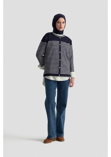 Düğmeli Çizgili Triko Kazak 25KTD4128 Lacivert