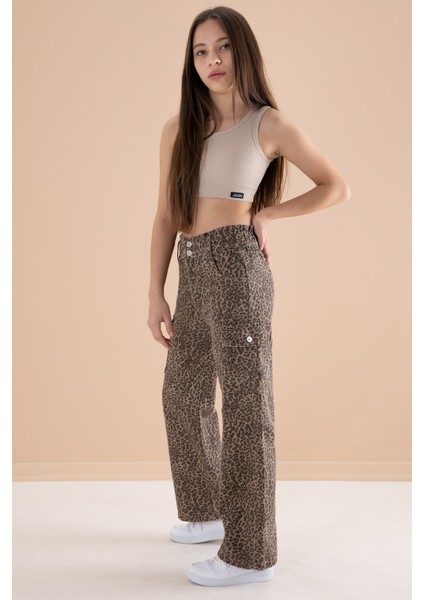 Kahve Leopar Desenli Geniş Paça Kız Çocuk Jean Pantolon 20143 modelleri