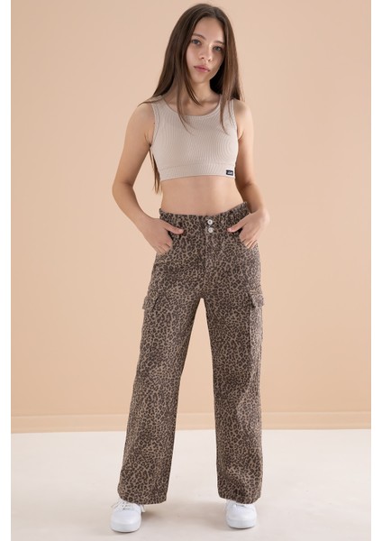Kahve Leopar Desenli Geniş Paça Kız Çocuk Jean Pantolon 20143 fırsatları