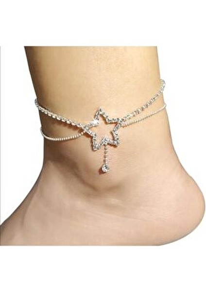 Kadın Yıldız Figür Gümüş Zirkon Taşlı Ayak Halhal Modeli Kararmaz Zincir Ayarlanabilir Halhal