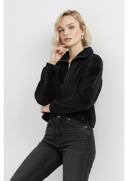 Siyah Kadın Peluş Yarım Fermuarlı Crop Sweatshirt 3056A