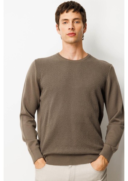 Erkek Sıfır Yaka Önü Baklavalı Triko Kazak Vizon