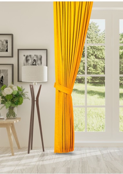 Petek Dokulu Kadife Dokuma Normal (1 x 2.5)Pileli Fon Perde (Koyu Sarı)