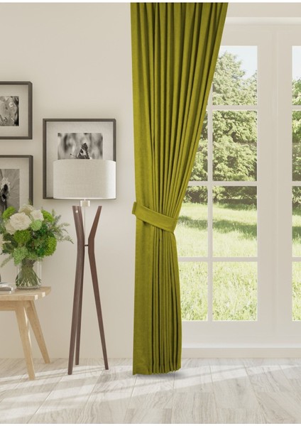 Petek Dokulu Kadife Dokuma Seyrek (1 x 2)Pileli Fon Perde (Yağ Yeşili)