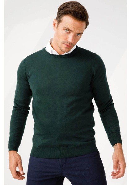 Erkek Basic Sıfır Yaka Ince Triko Kazak Yeşil