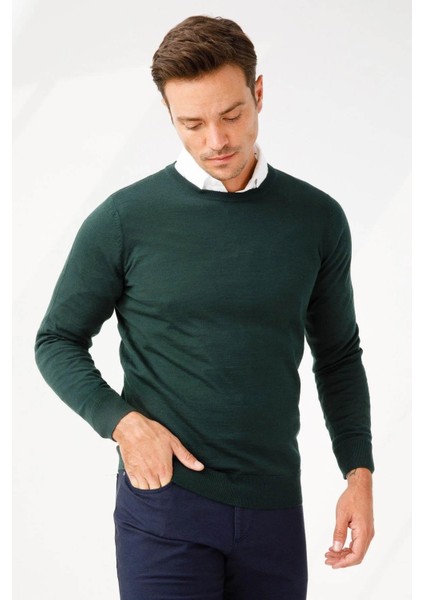 Erkek Basic Sıfır Yaka Ince Triko Kazak Yeşil fiyatları