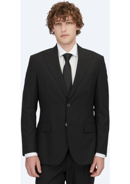 Siyah Çizgili Modern Fit Takım Elbise